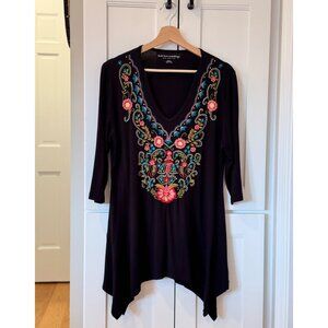 Soft Surroundings Adora Tunic Top Medium Black 3/4 Length Shirt Embroidered